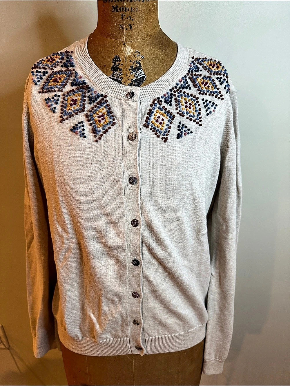 Orvis 100% Cotton Knit Embroidered Crew Neck Cardigan Cream & Multicolor Size Sm